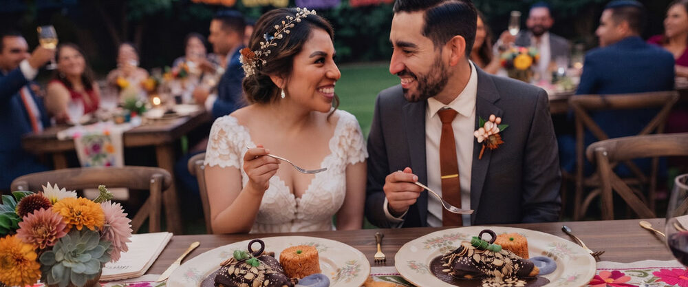 Novios compartiendo un plato de mole en su boda