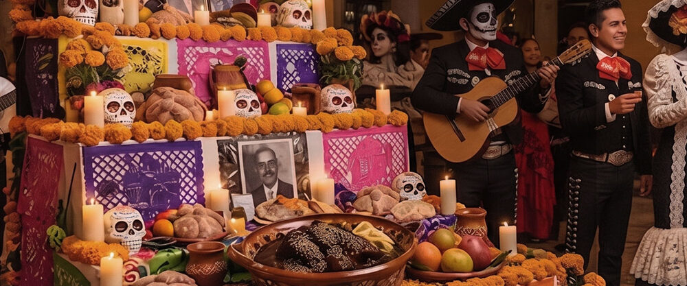 Ofrenda de Día de Muertos con mole y cempasúchil