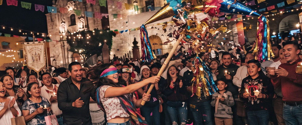 Posada mexicana con piñata y mesa servida