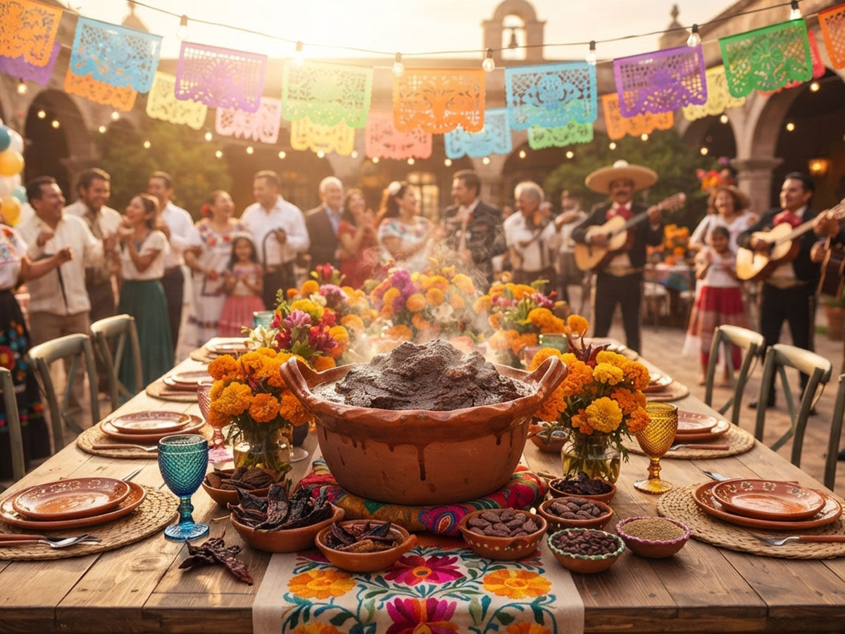 Mesa larga de fiesta mexicana con papel picado, mariachi y una cazuela de mole al centro