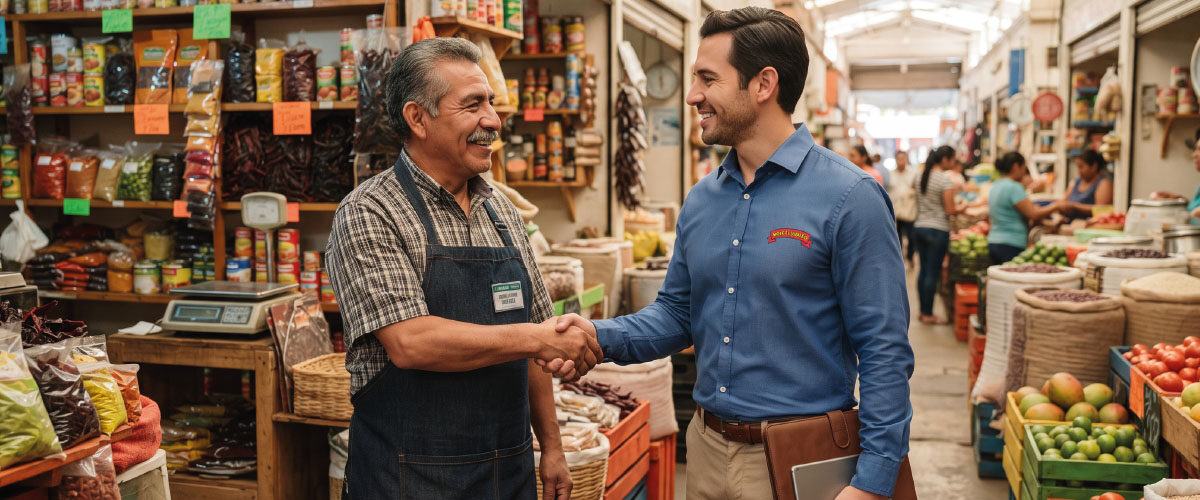 Cierre de trato entre un distribuidor y un abarrotero en el mercado