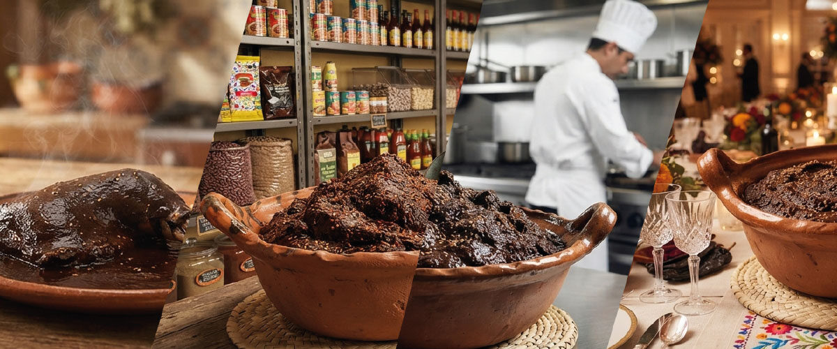 Cazuelas de mole recién preparado en una cocina tradicional mexicana