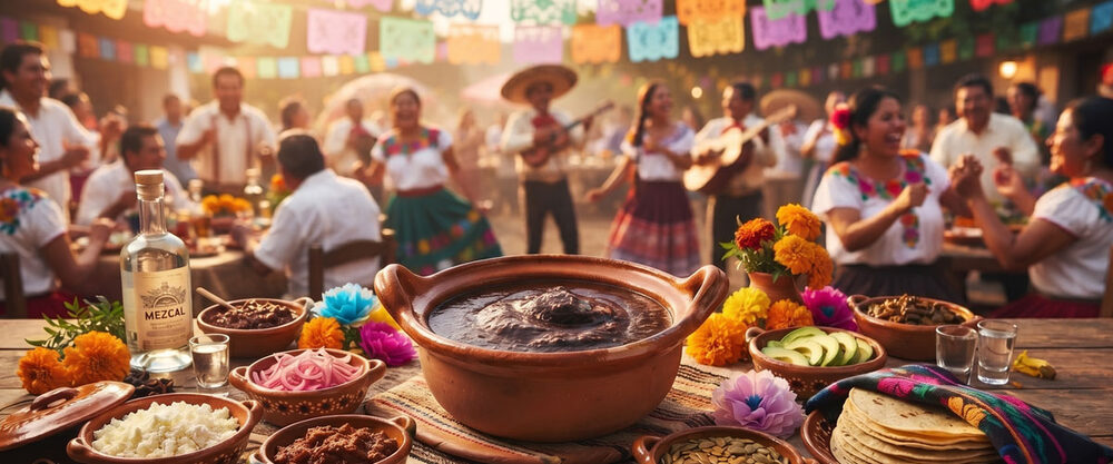 Buffet de banquete mexicano con mole y guarniciones para muchos comensales
