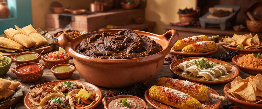 Mesa de cocina mexicana con cazuela de mole, tamales, elotes y salsas