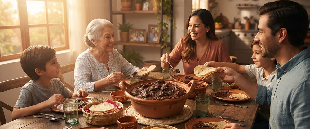 Familia compartiendo mole en la mesa de casa