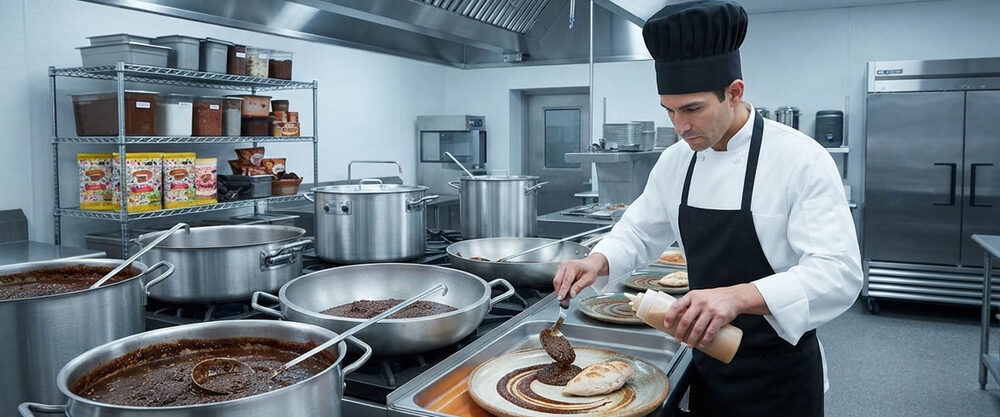 Chef preparando mole en una cocina profesional